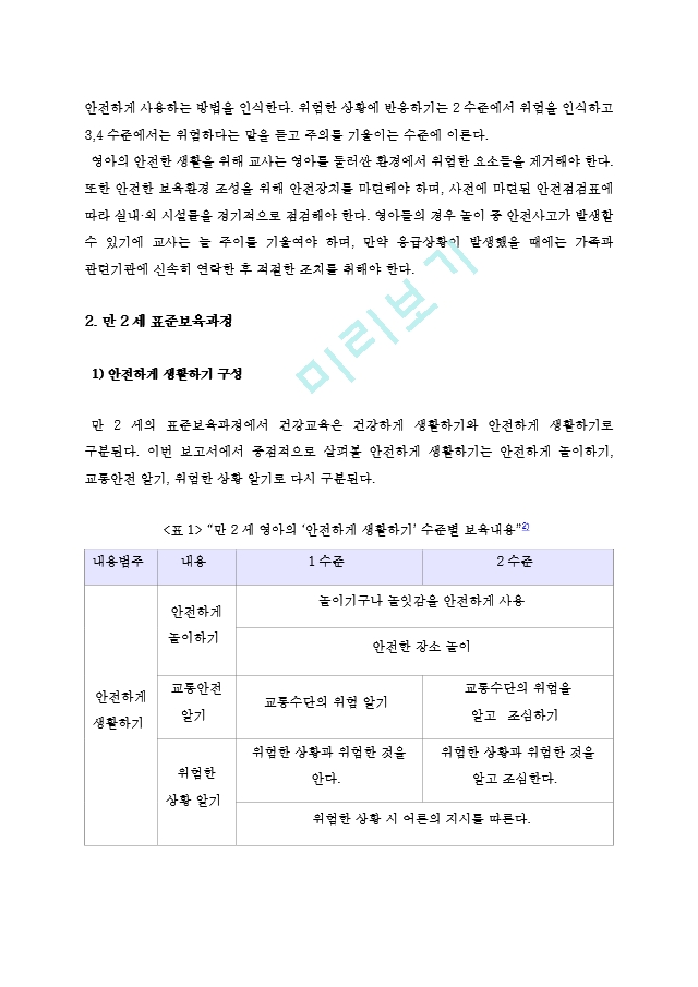 [방송통신대학교 2019학년도 1학기 중간과제물] 유아건강교육(A형) 만 01세 표준보육과정과 만 2세 표준보육과정의 내용범주 중 안전하게 생활하기의 내용 및 수준별 세부내용을 비교분석하시오..hwp